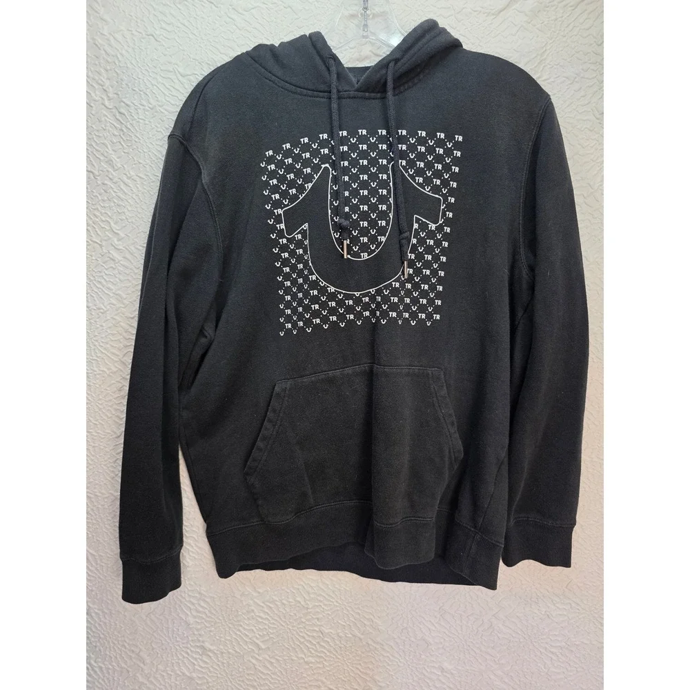 True Religion Hoodie Mens Medium Black Good Horseshoe Monogram Logo Streetwear